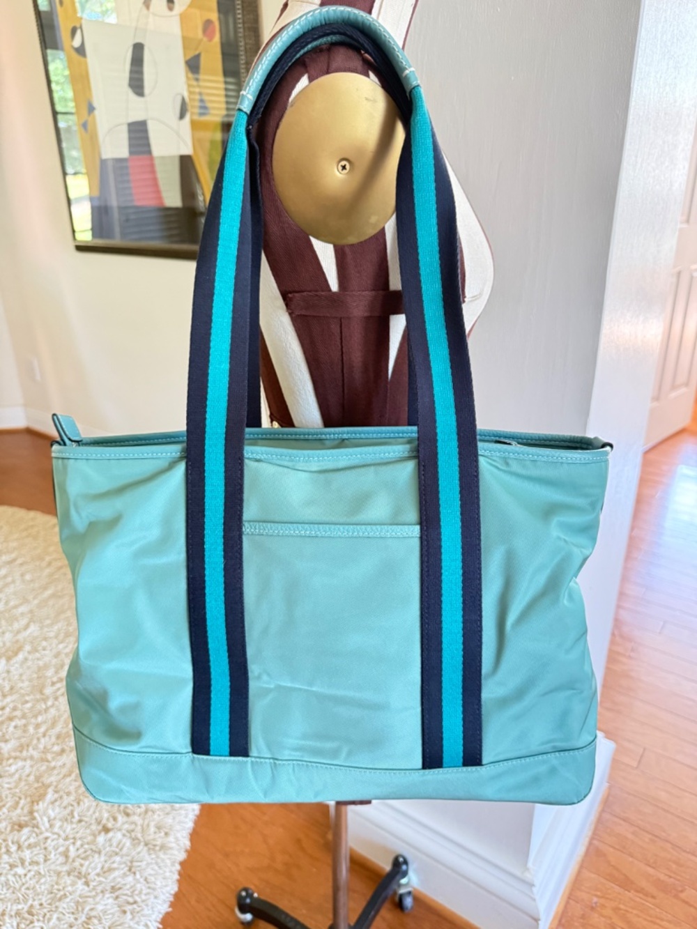 COACH CA208 Ellis Tote Bag Teal Nylon Medium Navy Cotton Straps Hang Tag - Picture 2 of 14